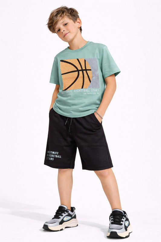 Boys Basketball Graphic T-Shirt & Black Shorts Set