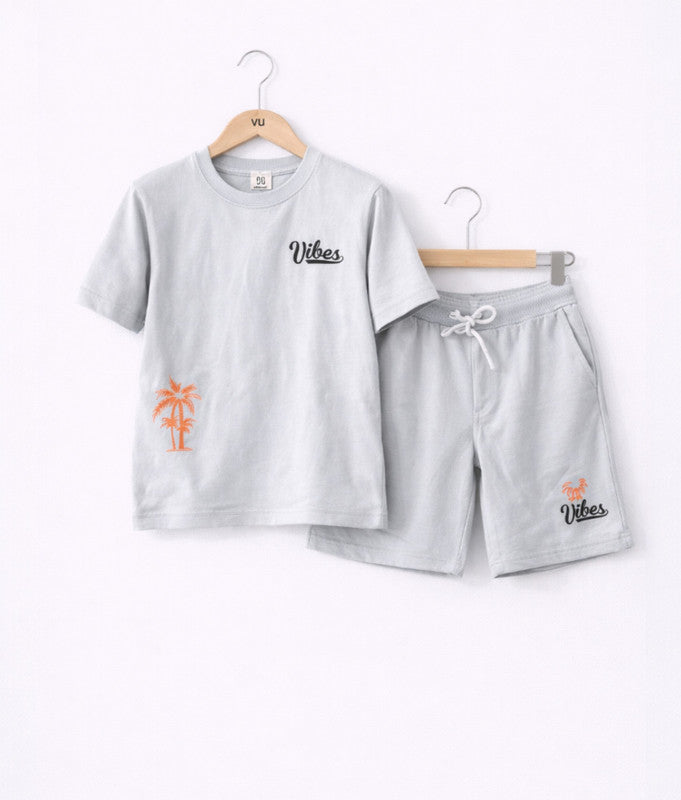 Boys Vibes Printed T-Shirt & Greyish Blue Shorts Set