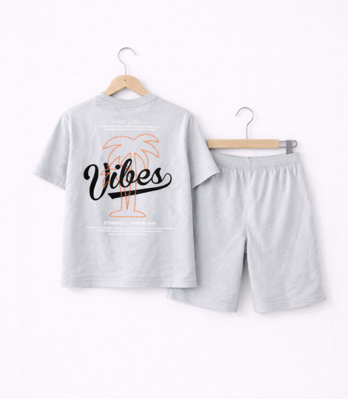 Boys Vibes Printed T-Shirt & Greyish Blue Shorts Set