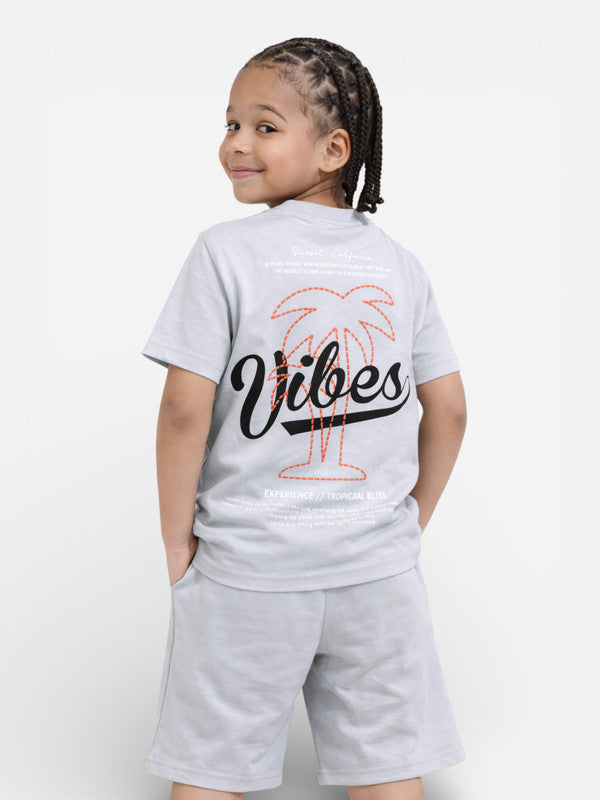 Boys Vibes Printed T-Shirt & Greyish Blue Shorts Set