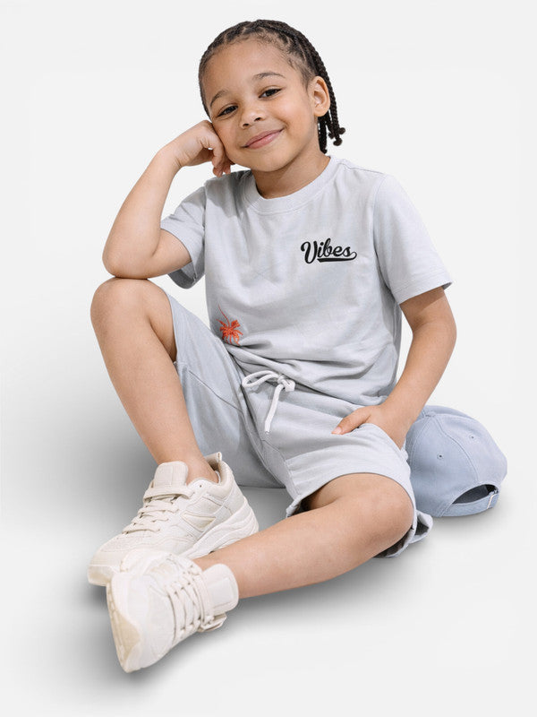Boys Vibes Printed T-Shirt & Greyish Blue Shorts Set