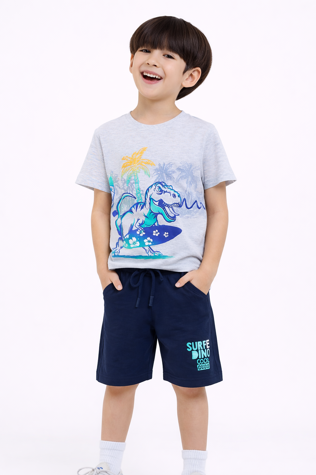 Boys Dino Surfer T-Shirt & Navy Shorts Set