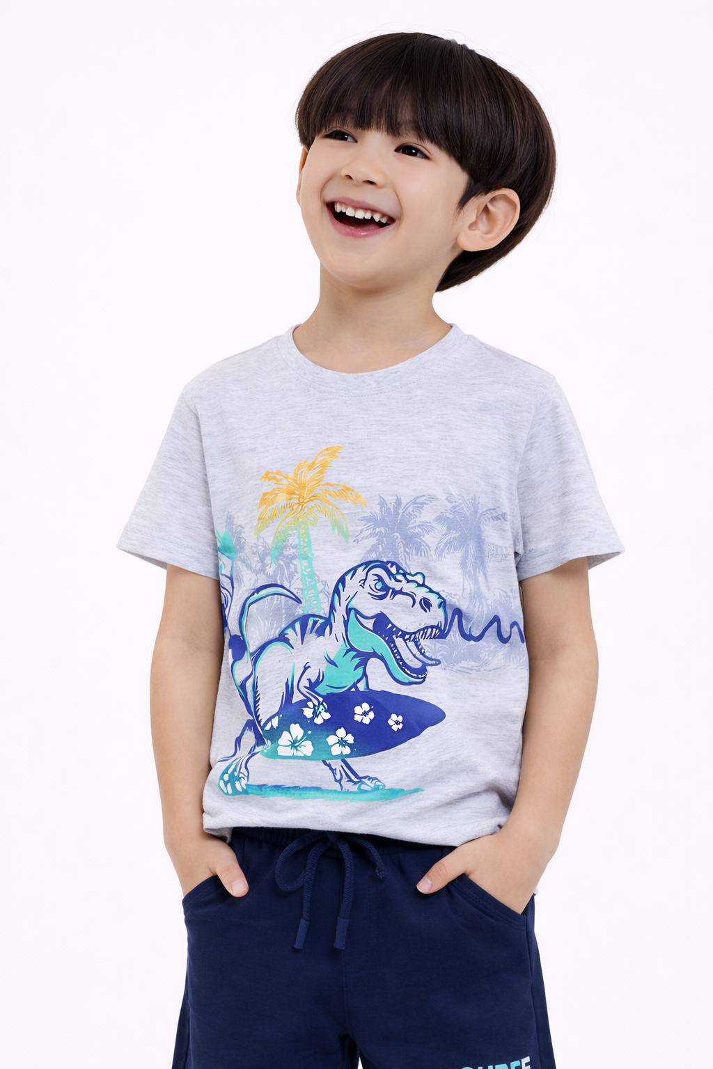 Boys Dino Surfer T-Shirt & Navy Shorts Set