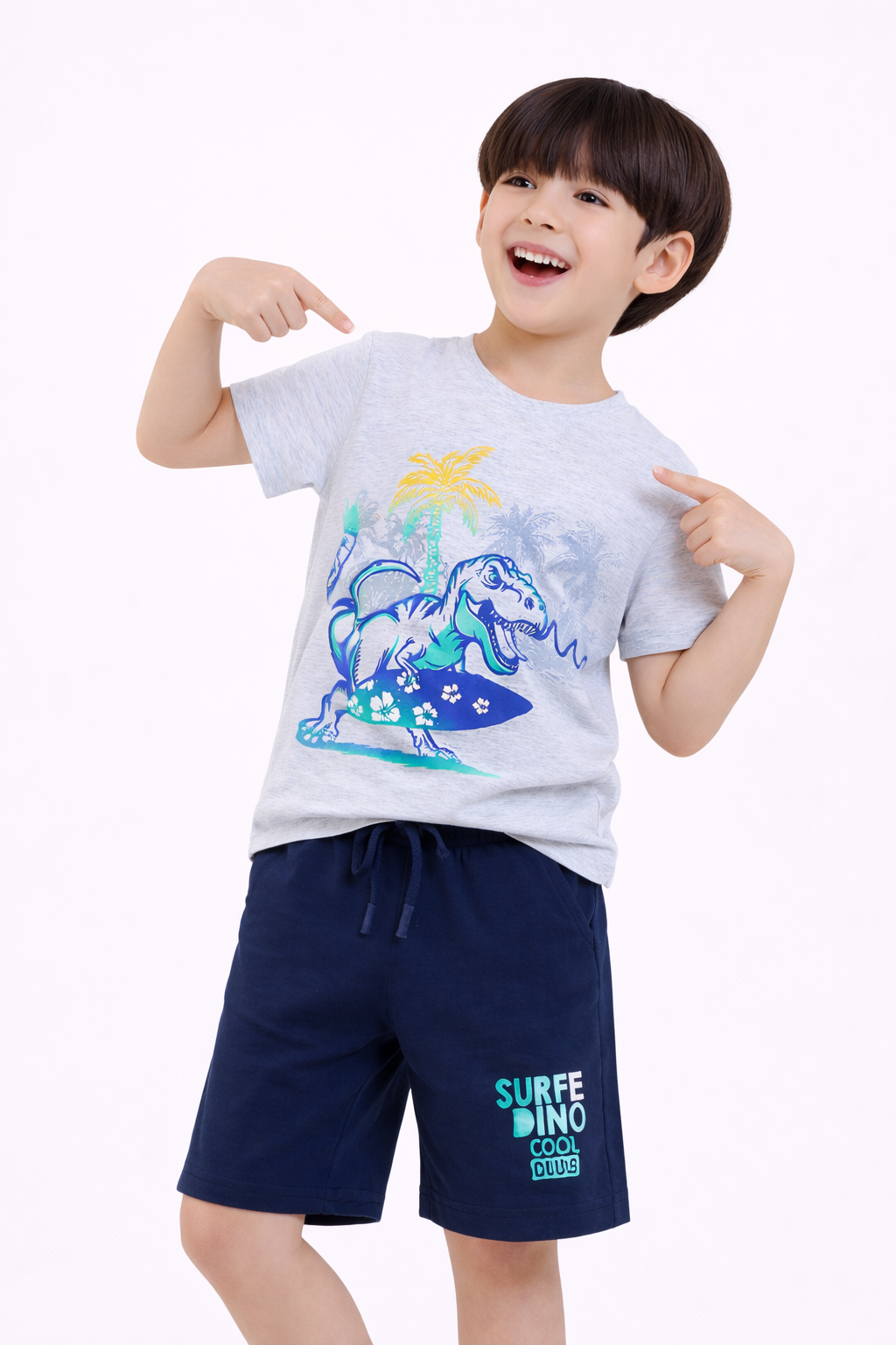 Boys Dino Surfer T-Shirt & Navy Shorts Set