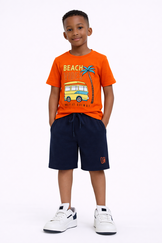 Boys Beach Trip Printed T-Shirt & Blue Shorts Set