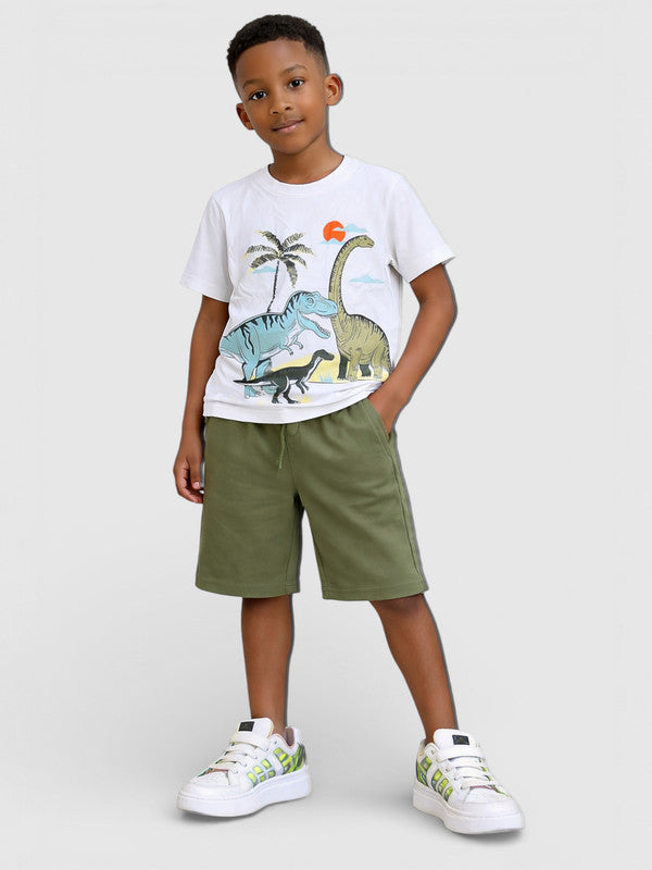 Boys Dinosaur Scene T-Shirt & Olive Cargo Shorts Set