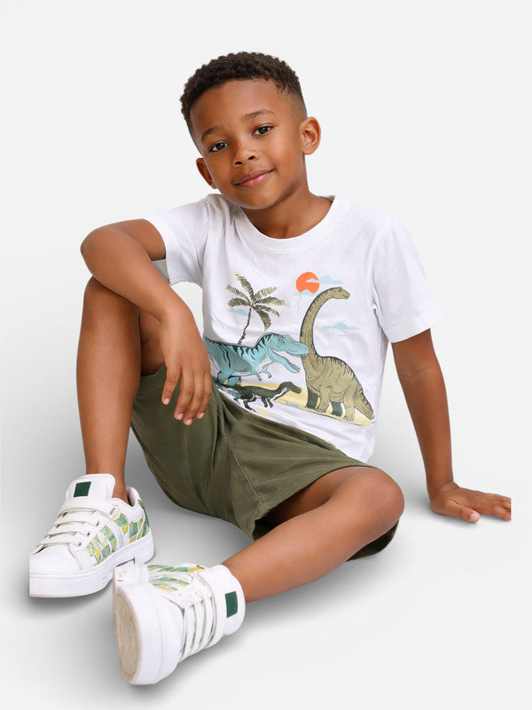 Boys Dinosaur Scene T-Shirt & Olive Cargo Shorts Set