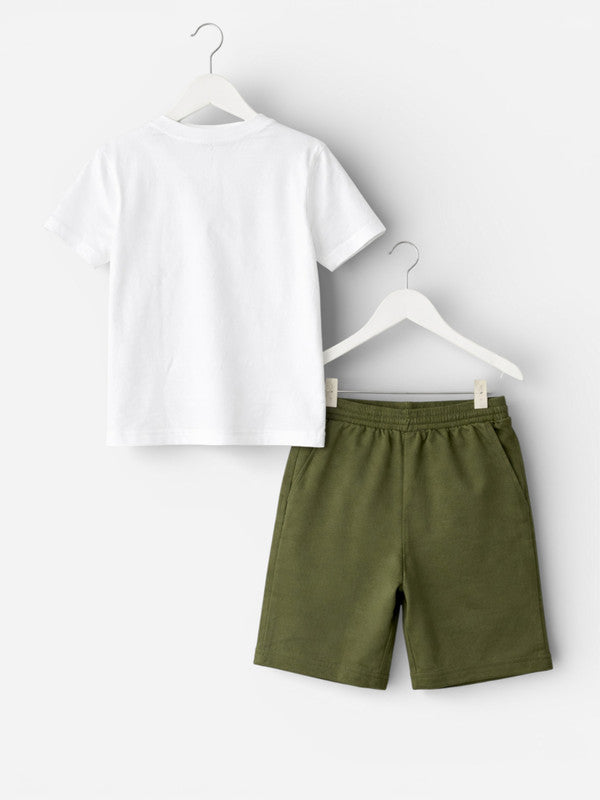 Boys Dinosaur Scene T-Shirt & Olive Cargo Shorts Set