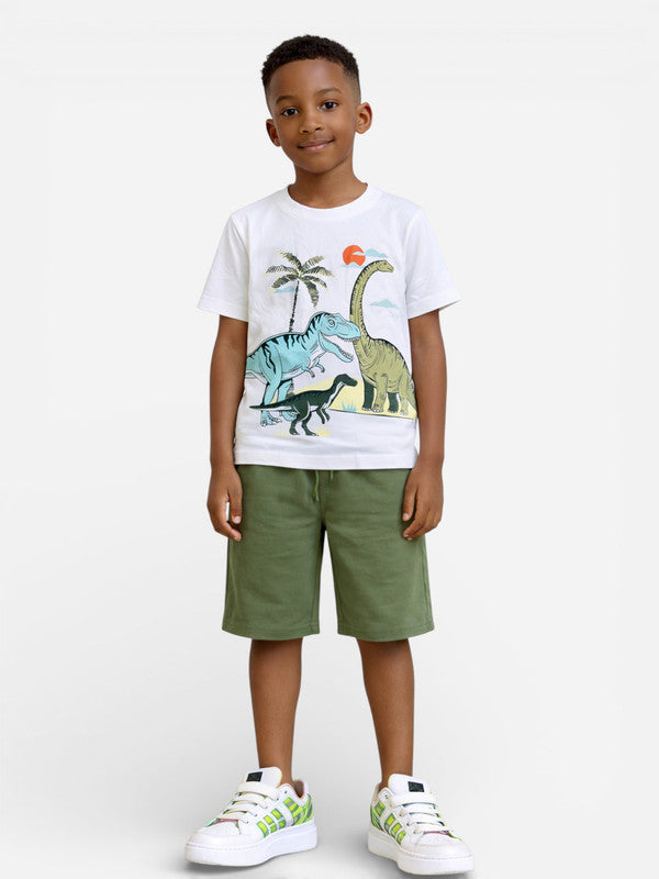 Boys Dinosaur Scene T-Shirt & Olive Cargo Shorts Set