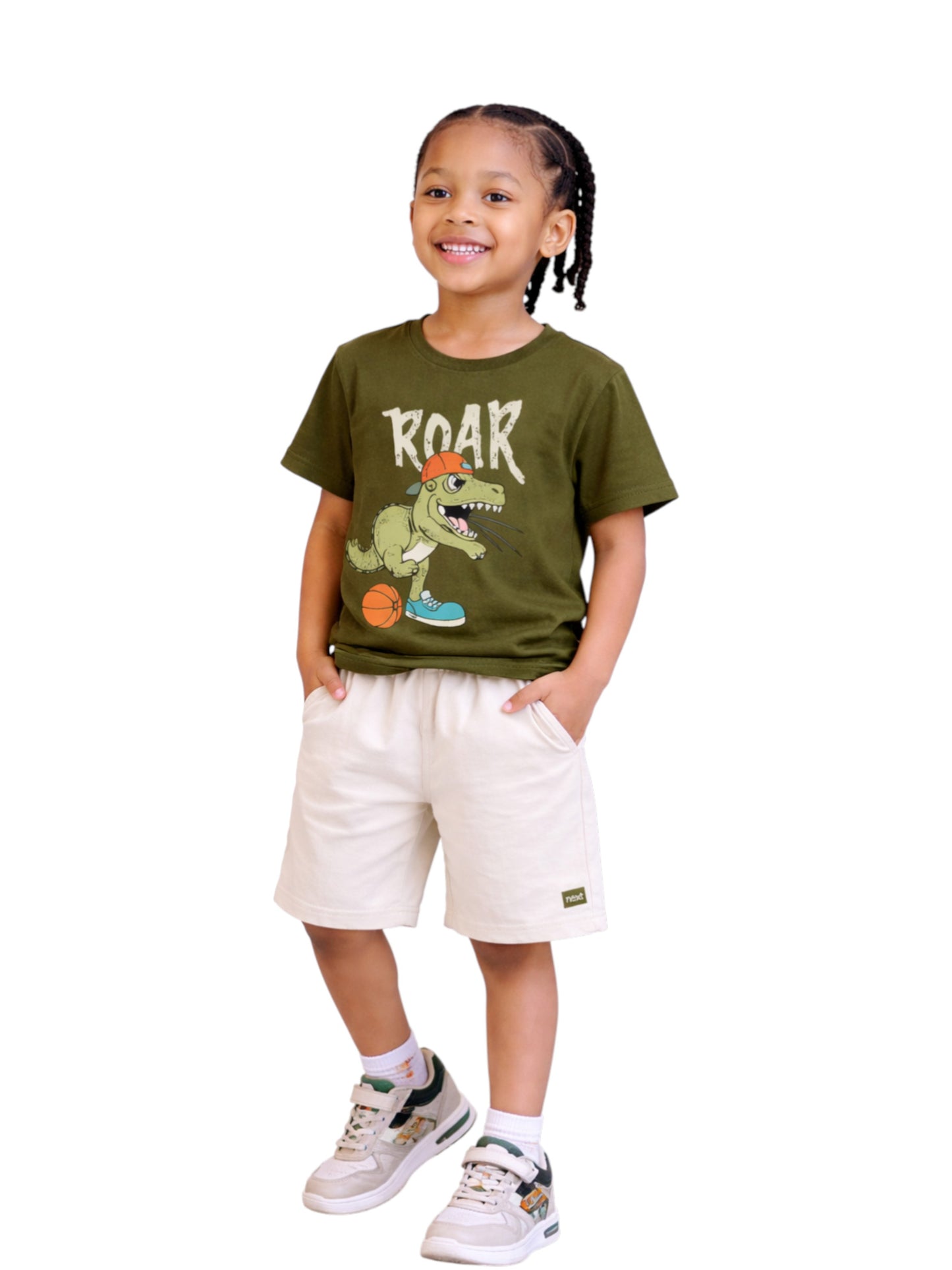 Boys Roar Dino Oversized T-Shirt & Cream Cargo Shorts Set