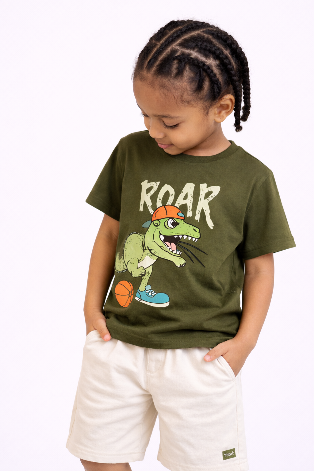 Boys Roar Dino Oversized T-Shirt & Cream Cargo Shorts Set