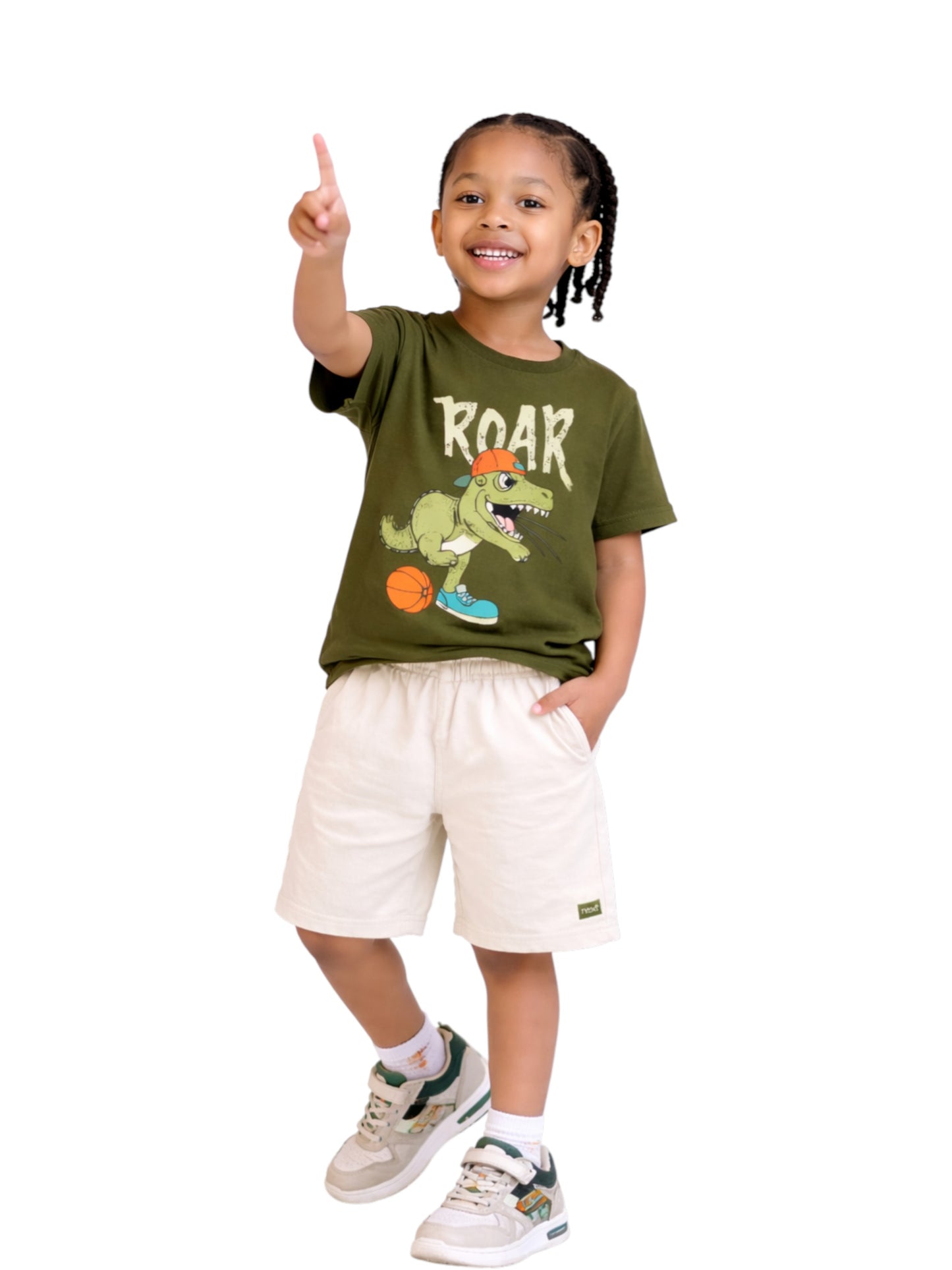 Boys Roar Dino Oversized T-Shirt & Cream Cargo Shorts Set