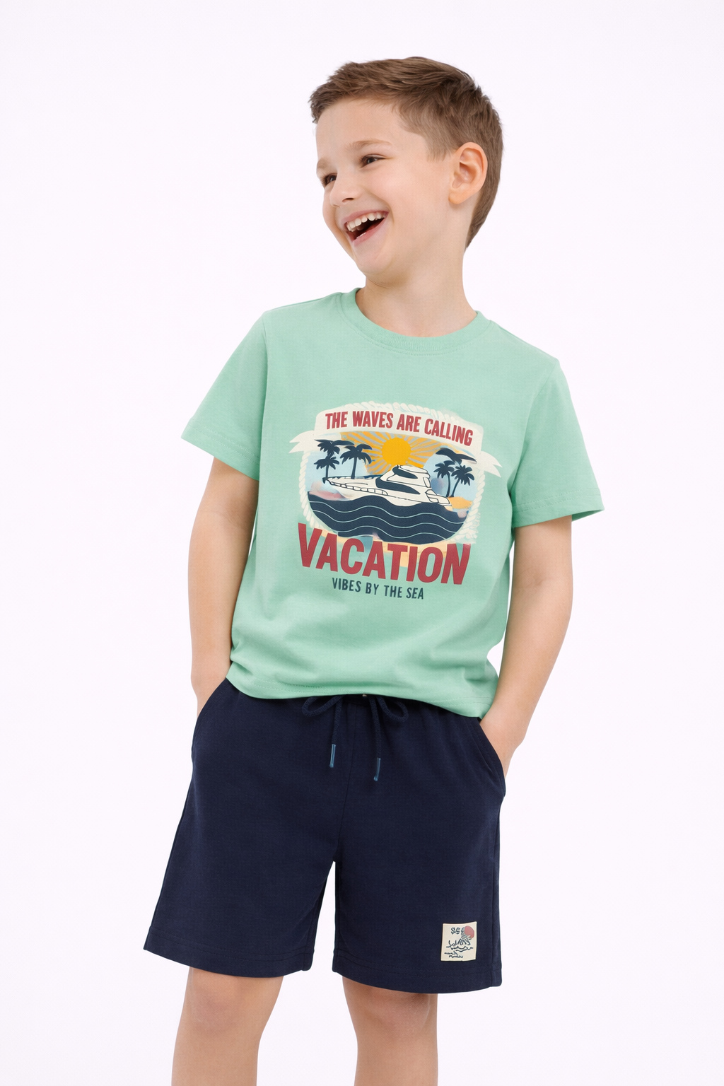 Boys Vacation Printed T-Shirt & Navy Shorts Set