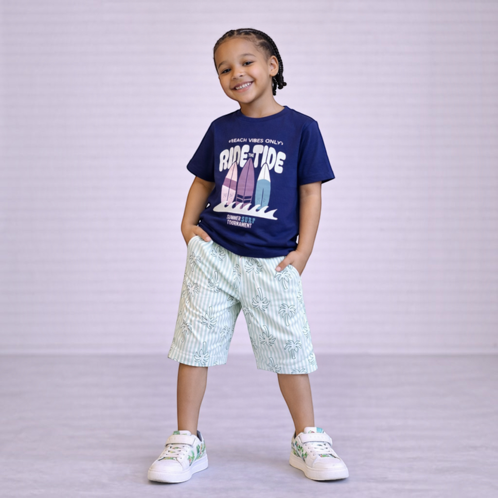 victor and jane boys navy graphic t-shirt with surf print and light green palm tree striped shorts