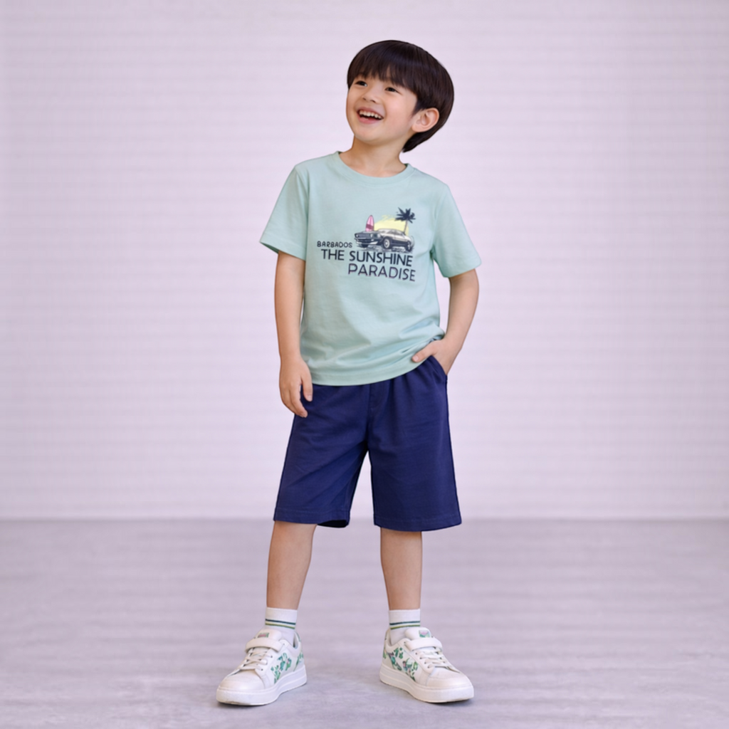 victor and jane boys light green graphic t-shirt with Barbados sunshine print and navy blue shorts