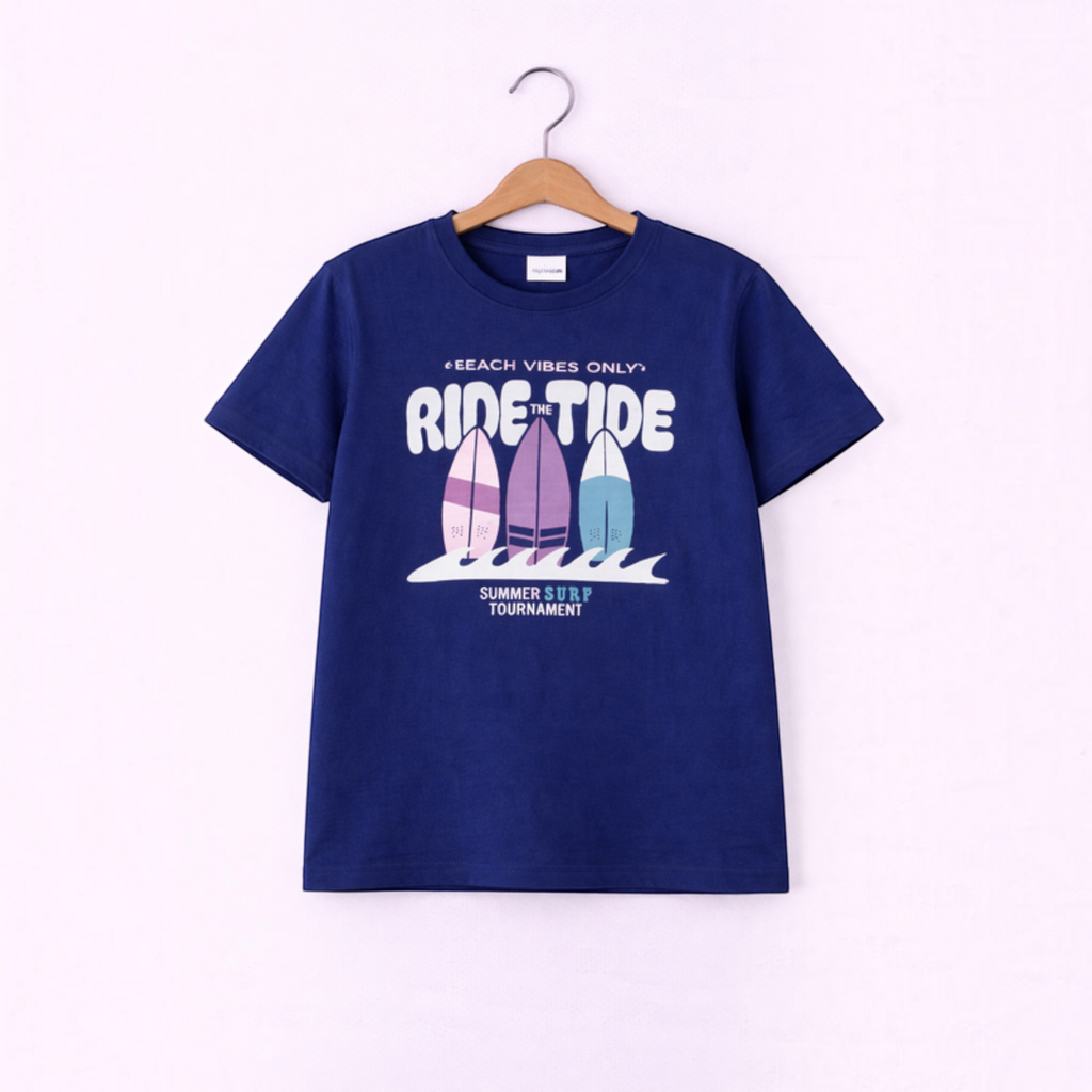 victor and jane boys navy blue cotton t-shirt with Ride The Tide surf graphic print