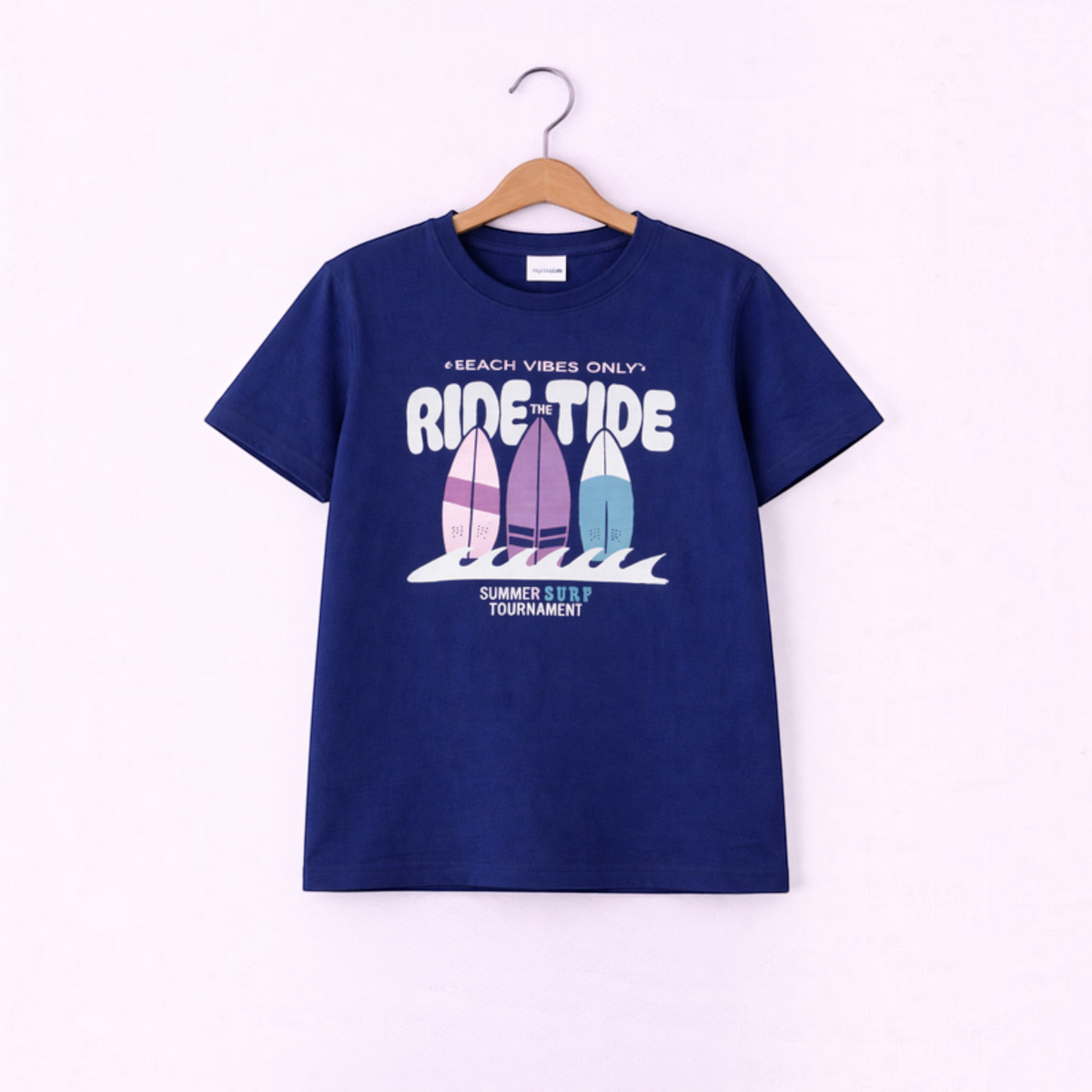victor and jane boys navy blue cotton t-shirt with Ride The Tide surf graphic print