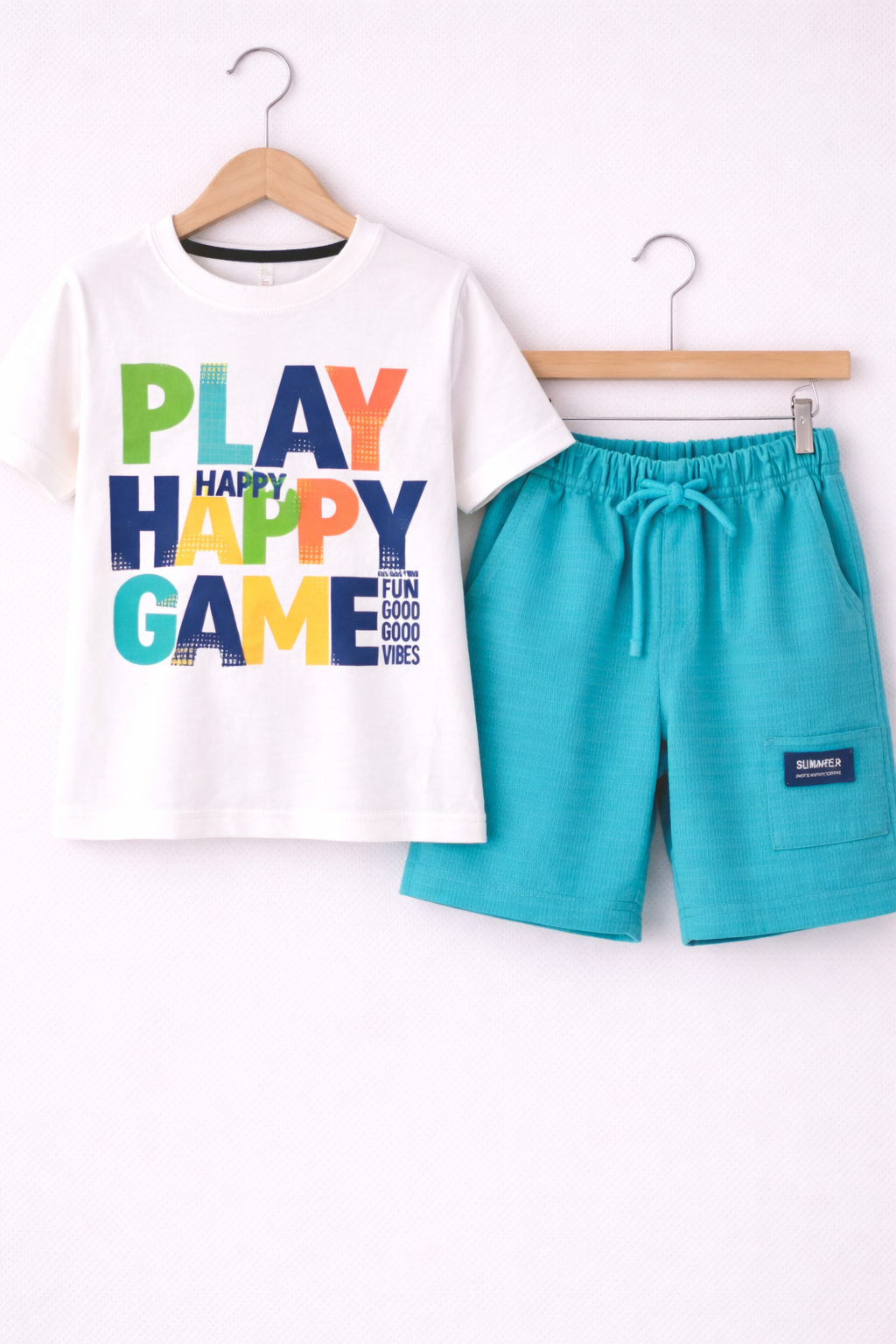 Boys’ 2-Piece Set “ Œplay Happy Game” Graphic T-Shirt & Textured Shorts