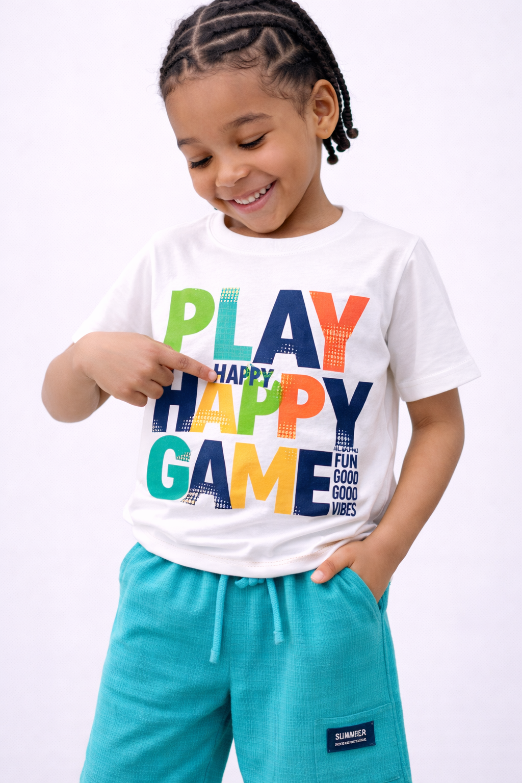 Boys’ 2-Piece Set “ Œplay Happy Game” Graphic T-Shirt & Textured Shorts
