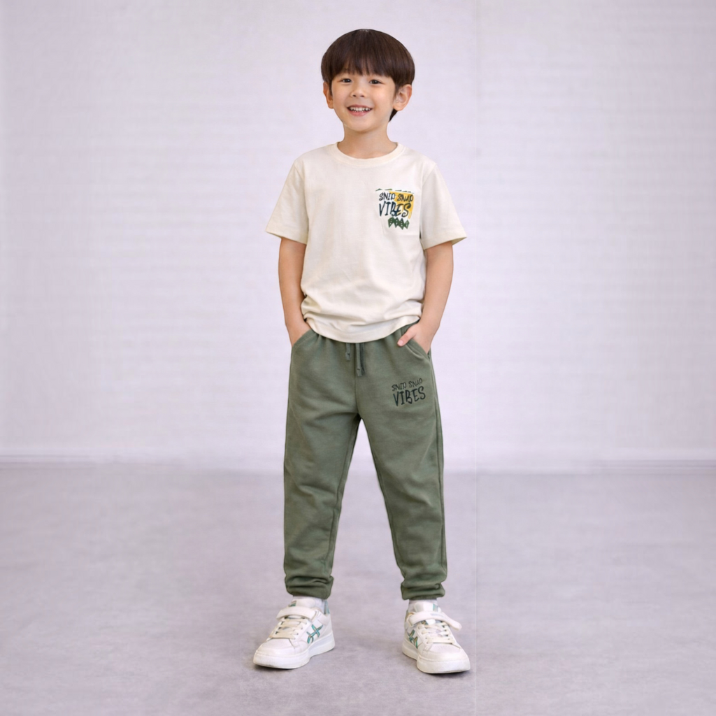 A young boy wearing a victor and jane cream graphic t-shirt and olive green joggers with matching text prints.
