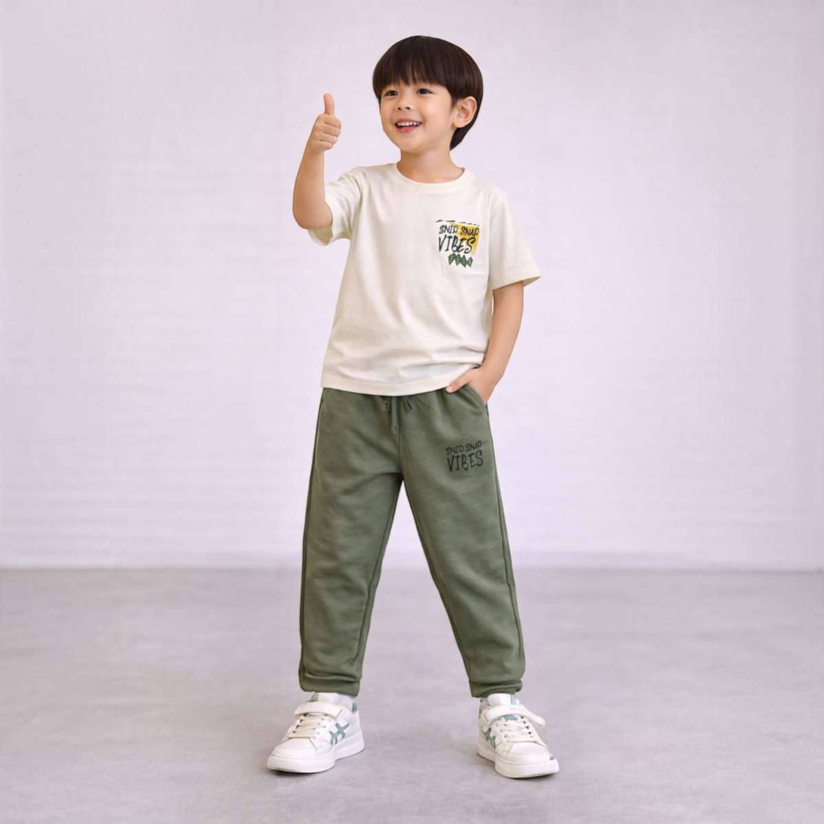 Young boy wearing a victor and jane cream graphic t-shirt and olive green joggers giving a thumbs up