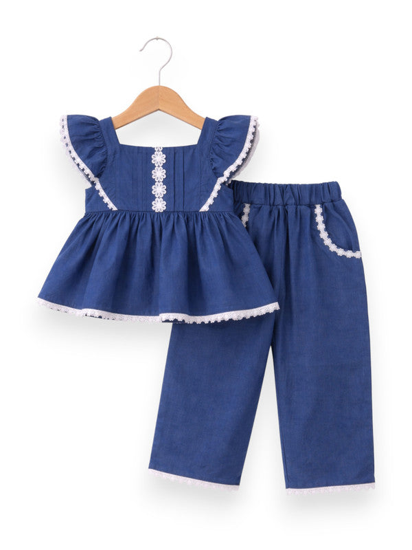 Baby Girls 4 Pc Set - Denim Look Top & Culotte Pants Set With Lace Details