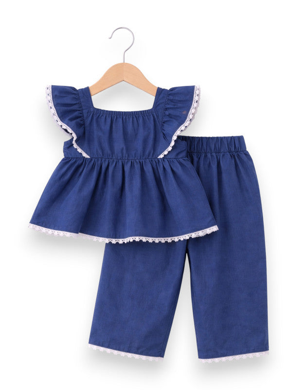 Baby Girls 4 Pc Set - Denim Look Top & Culotte Pants Set With Lace Details