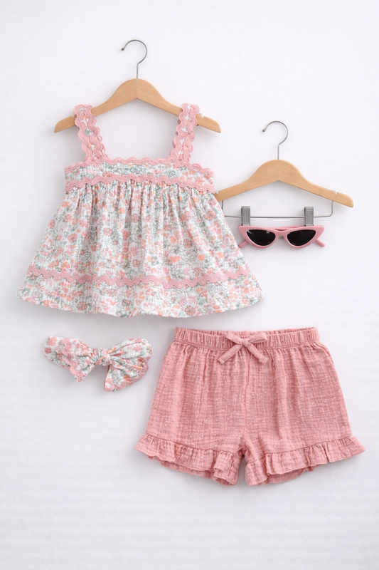 Baby Girls 4 Pc Set- Floral Peplum Top & Ruffle Shorts Set With Matching Headband And Sunglasses