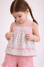 Baby Girls 4 Pc Set- Floral Peplum Top & Ruffle Shorts Set With Matching Headband And Sunglasses