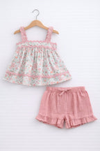 Baby Girls 4 Pc Set- Floral Peplum Top & Ruffle Shorts Set With Matching Headband And Sunglasses
