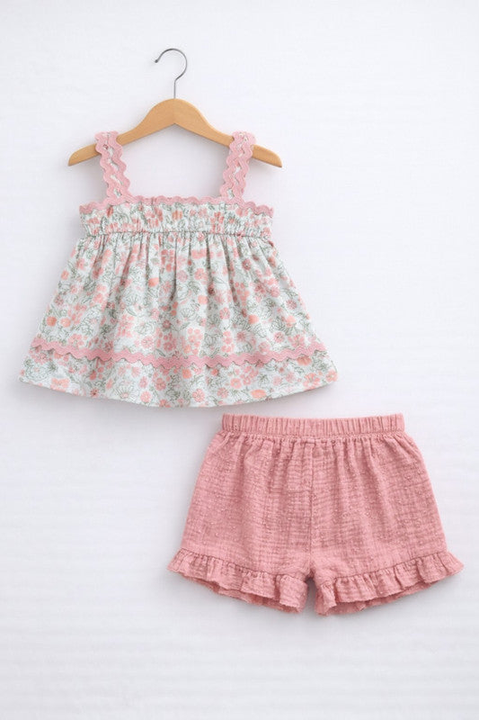 Baby Girls 4 Pc Set- Floral Peplum Top & Ruffle Shorts Set With Matching Headband And Sunglasses