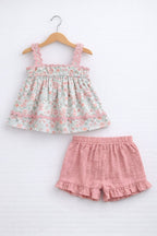 Baby Girls 4 Pc Set- Floral Peplum Top & Ruffle Shorts Set With Matching Headband And Sunglasses