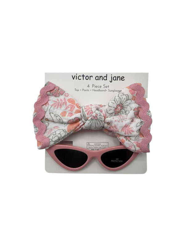 Baby Girls 4 Pc Set- Floral Peplum Top & Ruffle Shorts Set With Matching Headband And Sunglasses