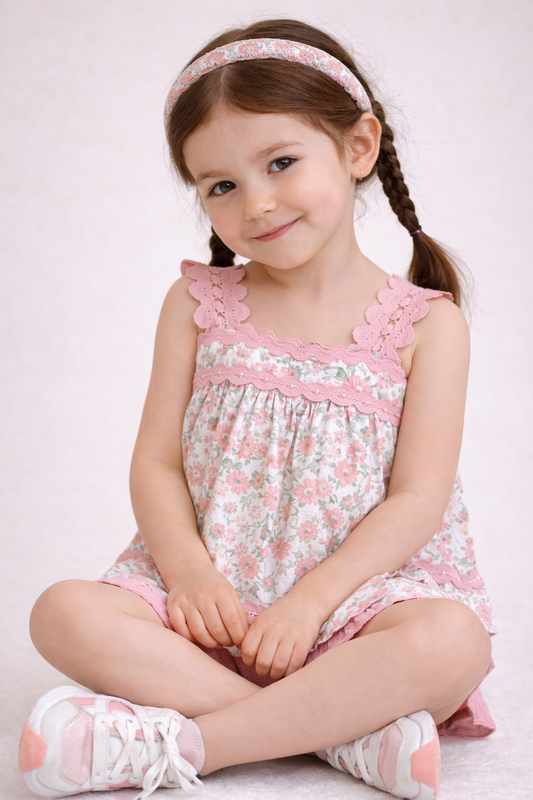 Baby Girls 4 Pc Set- Floral Peplum Top & Ruffle Shorts Set With Matching Headband And Sunglasses