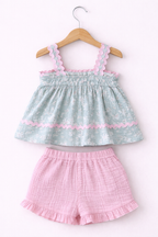 Baby Girls Sleeveless Smocked Top & Ruffle Shorts Set With Headband And Sunglasses