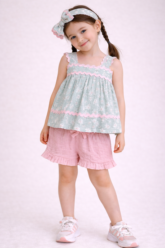 Baby Girls Sleeveless Smocked Top & Ruffle Shorts Set With Headband And Sunglasses