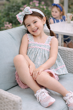 Baby Girls Sleeveless Smocked Top & Ruffle Shorts Set With Headband And Sunglasses