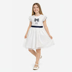 Girls Bow Detail Tulle Dress “ White & Navy