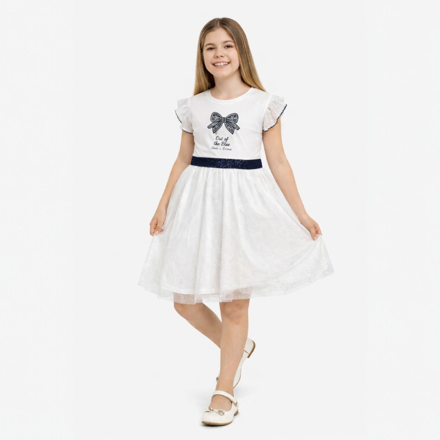 Girls Bow Detail Tulle Dress – White & Navy