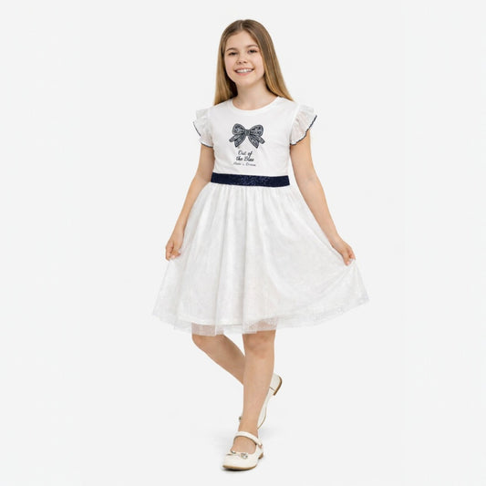 Girls Bow Detail Tulle Dress – White & Navy