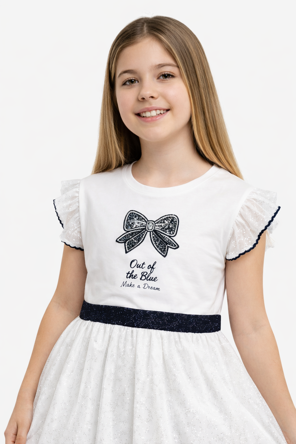 Girls Bow Detail Tulle Dress – White & Navy