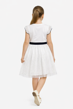 Girls Bow Detail Tulle Dress “ White & Navy