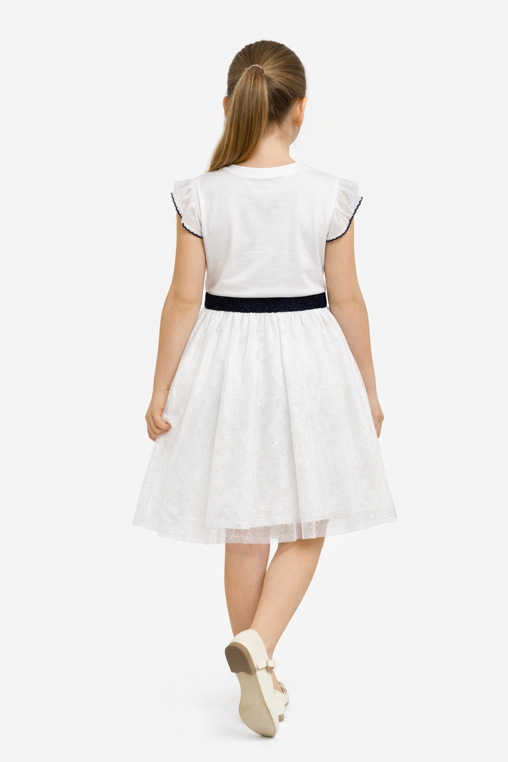 Girls Bow Detail Tulle Dress – White & Navy