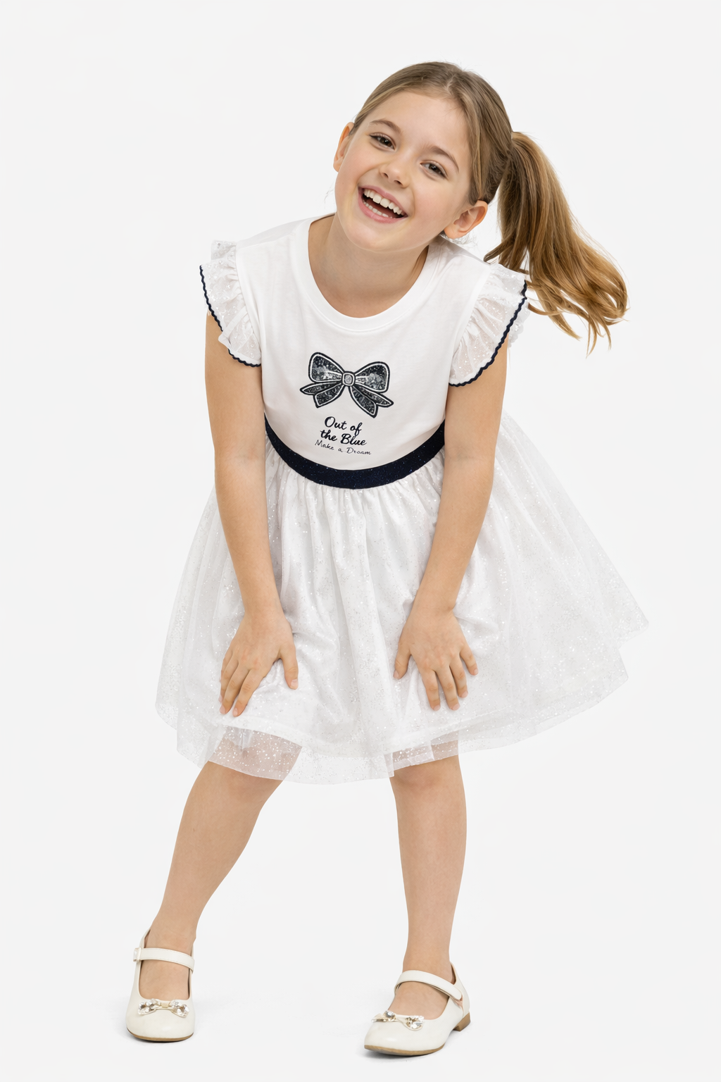 Girls Bow Detail Tulle Dress “ White & Navy