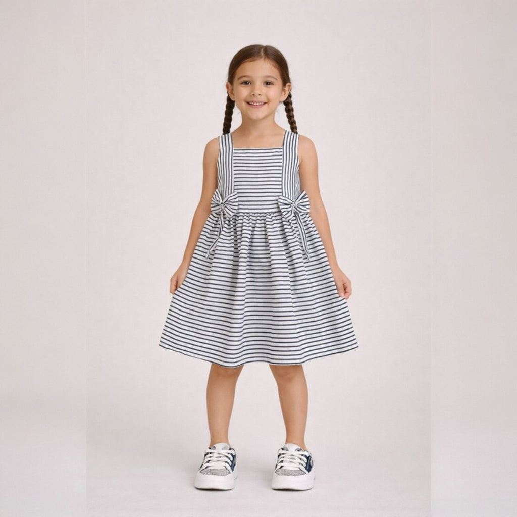 Girls’ Woven Striped Dress “ Bow Detail Sleeveless Dress