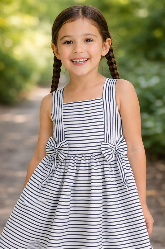 Girls’ Woven Striped Dress “ Bow Detail Sleeveless Dress