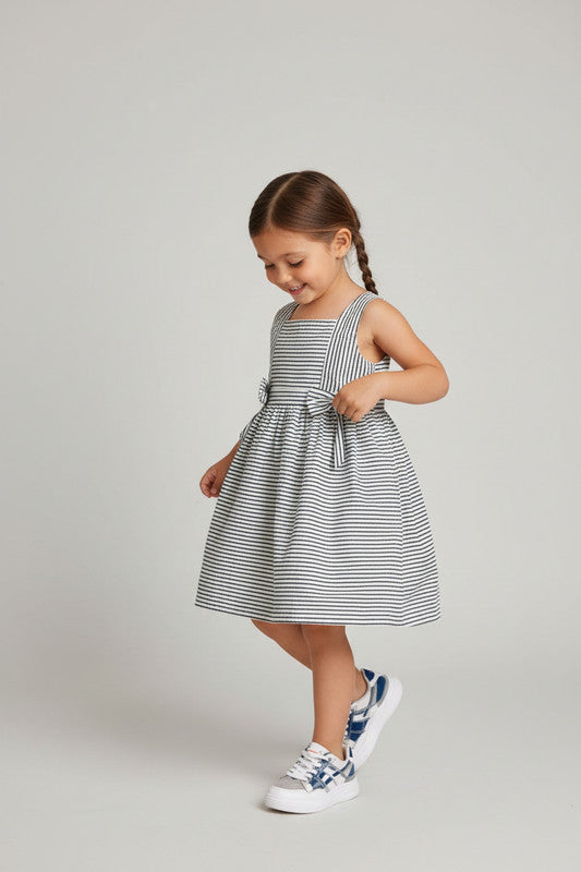 Girls’ Woven Striped Dress “ Bow Detail Sleeveless Dress