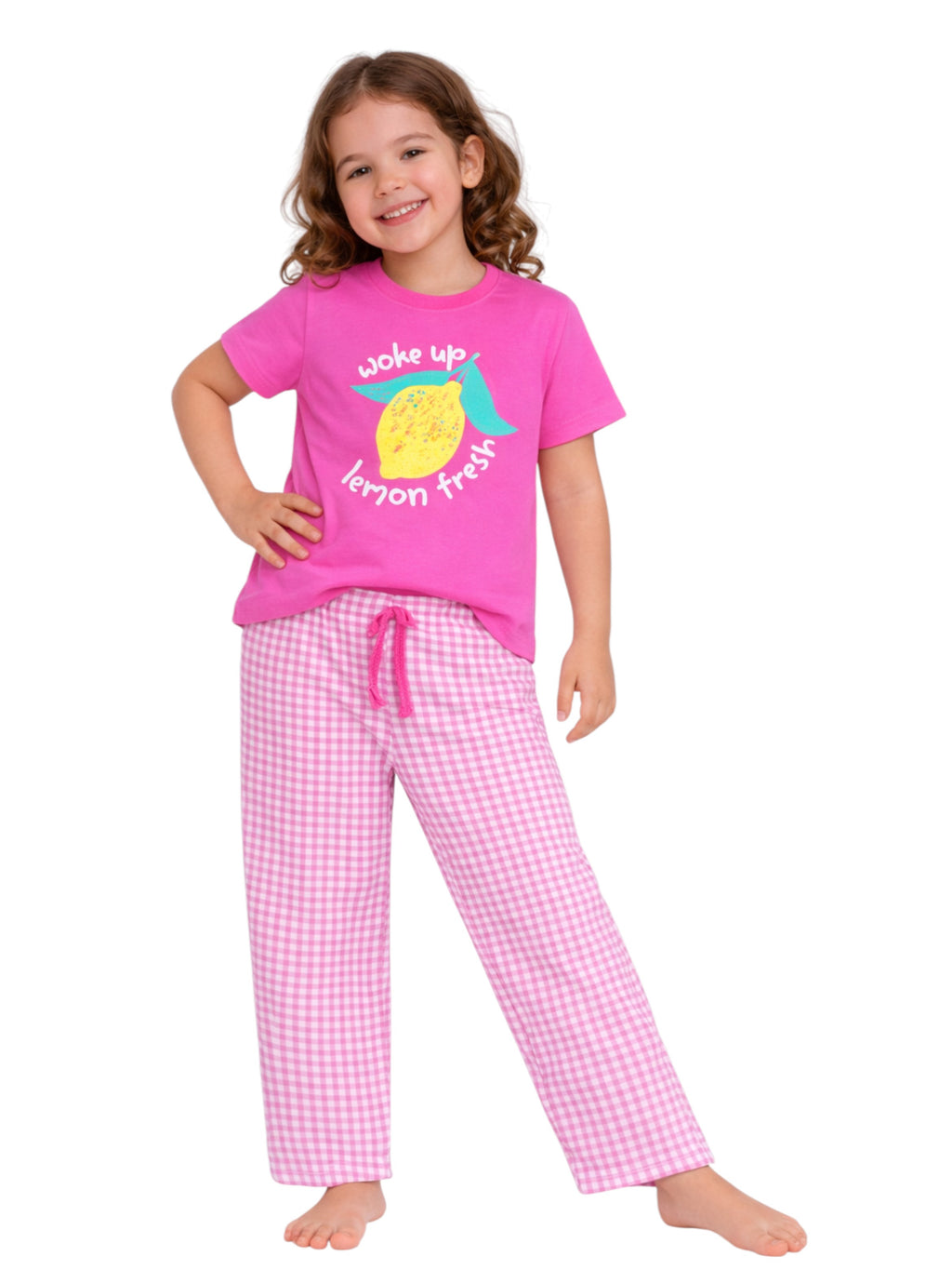 Girls Wake Up Lemon Tee & Pink Gingham Pants Set