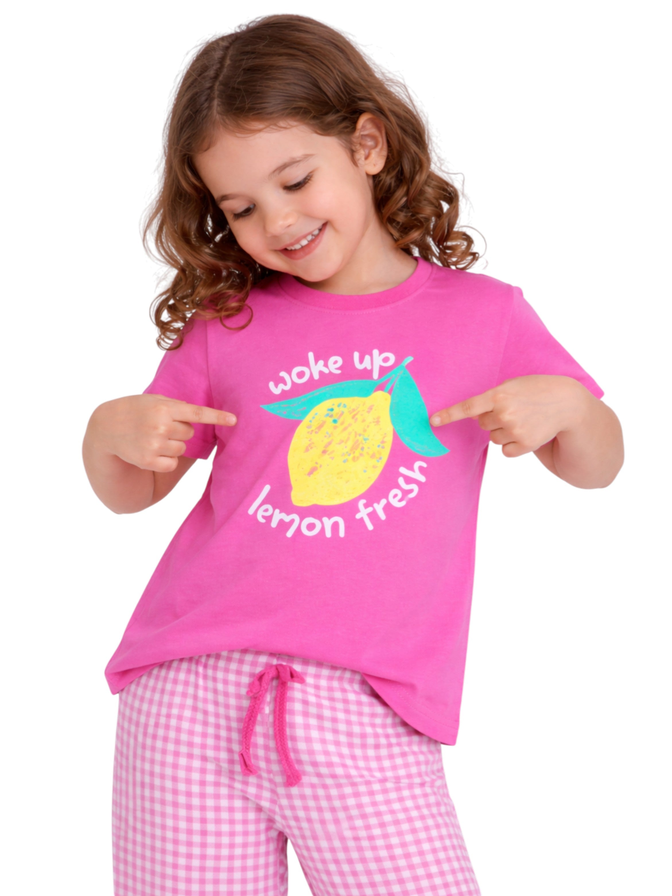 Girls Wake Up Lemon Tee & Pink Gingham Pants Set