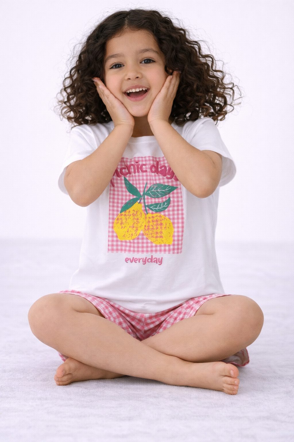 Girls’ Pajama Set “ Œpicnic Day” Graphic T-Shirt & Gingham Shorts